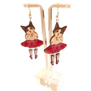 Whimsical Wooden Cat Dangle Earrings With Ballet Dancer Design &‎ Red Tutu Skirt